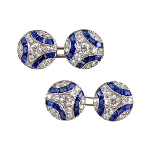 Pair of mid-20th century sapphire and diamond round panel cufflinks, French c.1950,